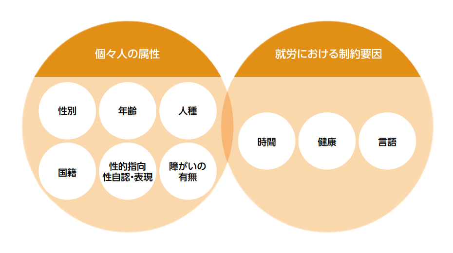 個々人の属性：性別、年齢、人種、国籍、性的指向・性自認・表現、障がいの有無 / 就労における制約的要因：時間、健康、言語