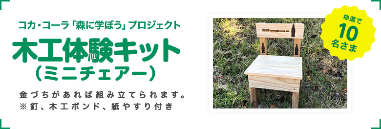 抽選で10名さま コカ・コーラ「森に学ぼう」プロジェクト木工体験キット(ミニチェアー) 金づちがあれば組み立てられます。※釘、木工ボンド、紙やすり付き